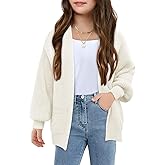 Girls Long Sleeve Cardigan Casual Open Front Lantern Sleeve Smoke Cuff Knit Sweater with Pockets for Kids 5-14 Years