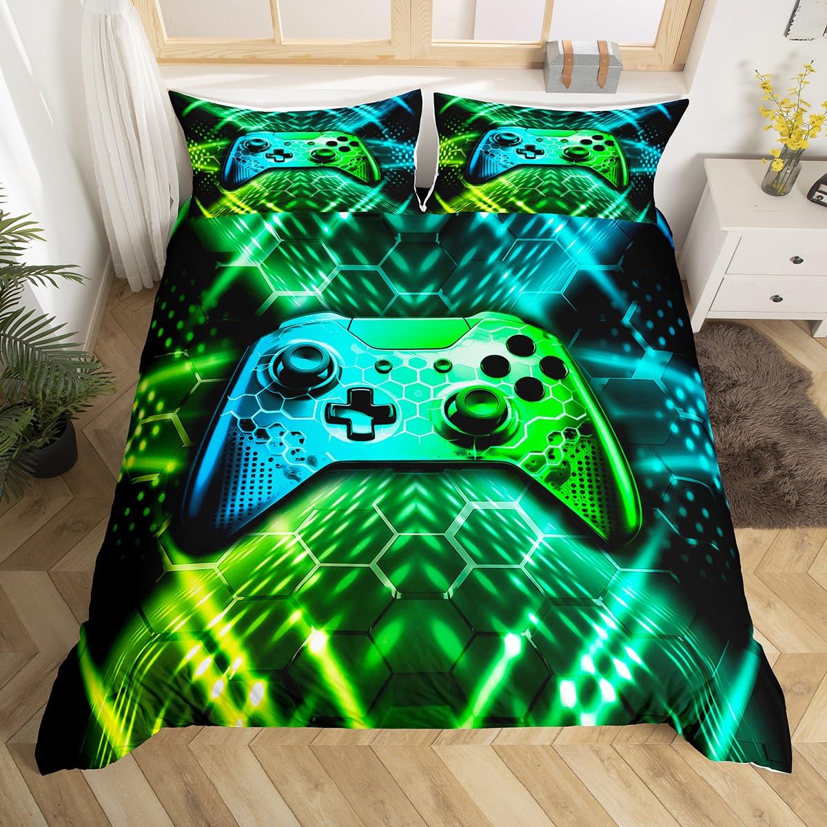 feelingyou Gamepad Bedding Sets for Boys,Reversible Gaming Duvet Cover Set Single Size,Video Games Comforter Cover,Bed Set for Kids Bedroom,Gamepad Controller,2 Pcs with 1 Pillow Case,Blue Green Neon