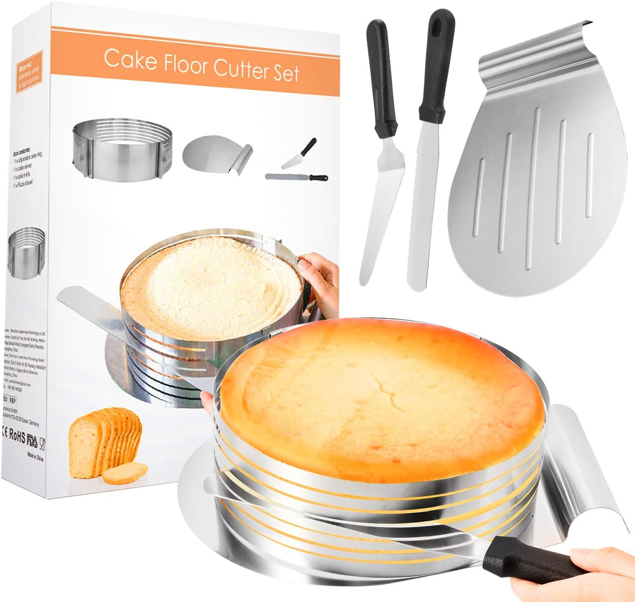 Familybox Tortenboden Schneidhilfe, Torten Set 4tlg, Ø26-28 x 8 cm Torten Zubehör aus Edelstahl Set Ring Cutter Layer Kuchen Slicer