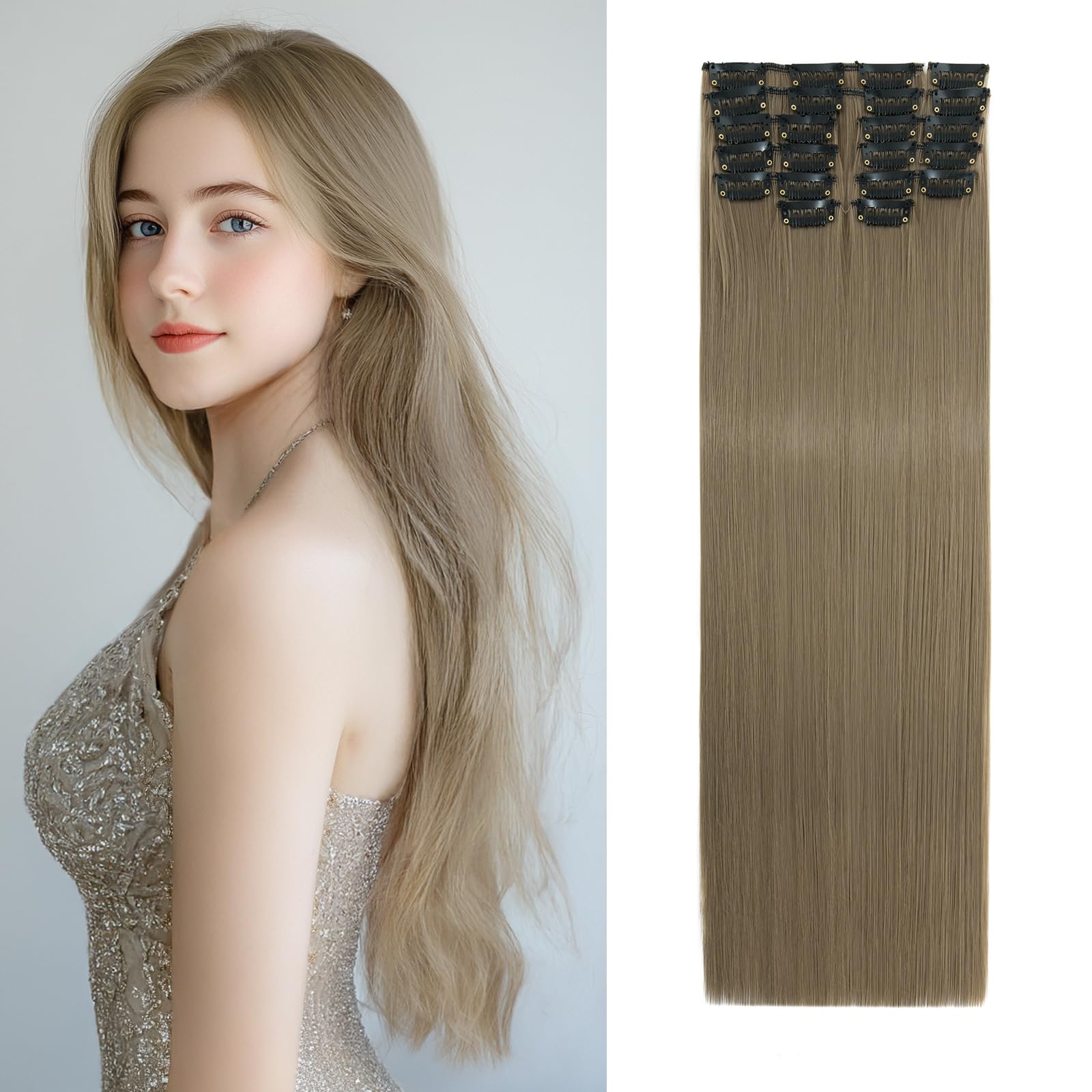 Benehair 22" Clip in Hair Extensions 12 Pcs Long Straight Hair Extensions Clip in Synthetic Fiber Full Head Natural Extension Ash Blonde Hair Piece for Women(Ash Blonde, 180g)