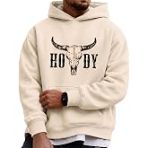 VikkBiss Mens Western Hoodie Vintage Howdy Cow Skull Graphic Hoodies Fleece Cowboy Country Concert Sweatshirt Pullover