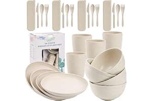 Peohud 28 PCS Plastic Plates and Bowls Set for Camping, Reusable Wheat Straw Cups Forks Spoons Knives Dinnerware Sets for 4, 