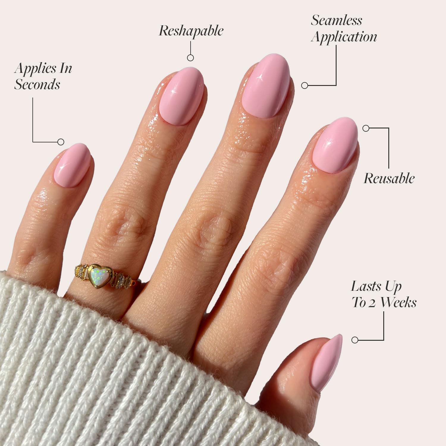 Glamnetic Press On Nails - Think Pink | Solid Opaque Light Pastel Pink Short Oval Nails, Reusable | 15 Sizes - 30 Nail Kit - Image 3