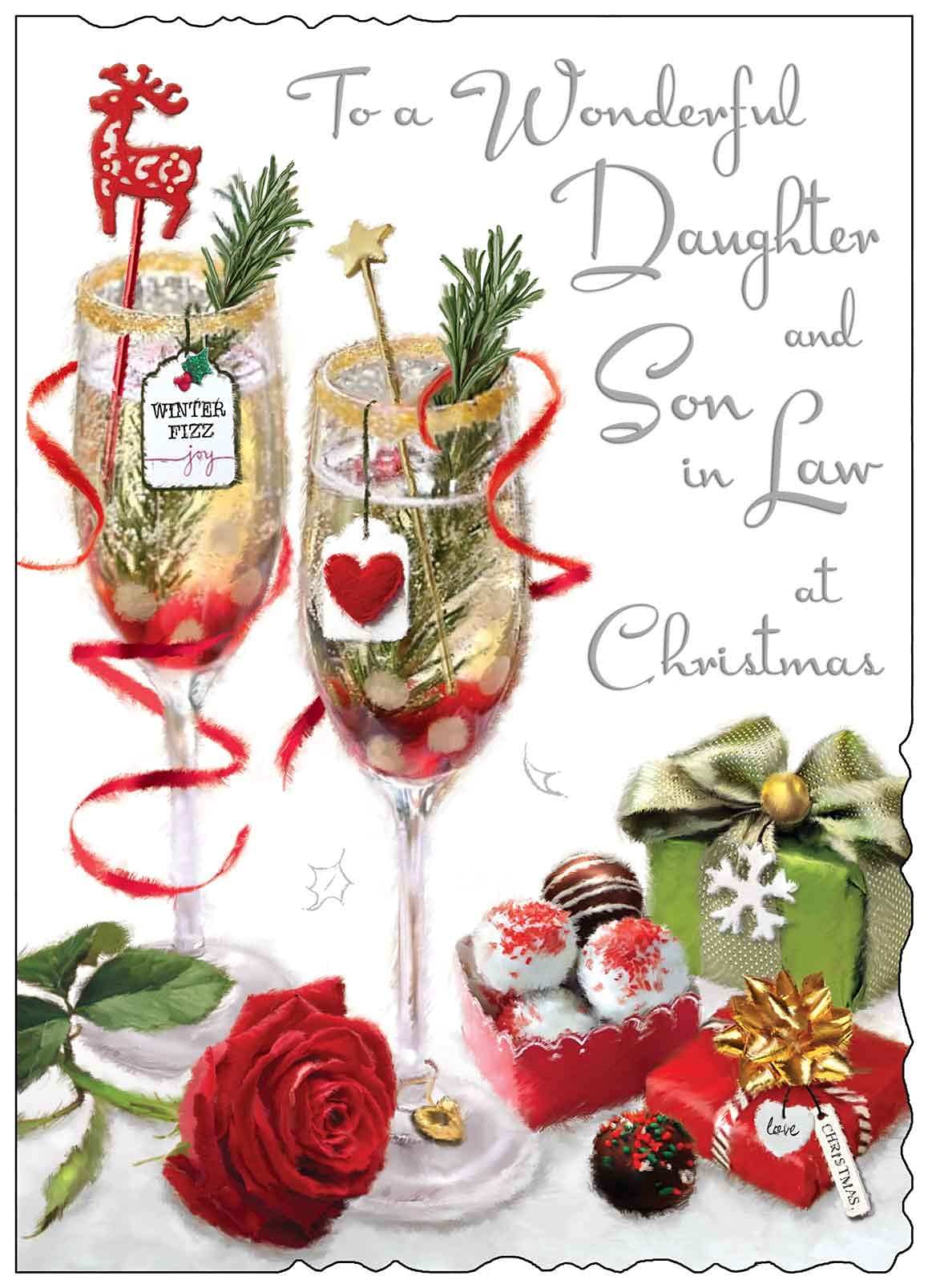 Jonny Javelin Christmas Card for Daughter and Son in Law - Winter Fizz & Presents Design - Embossed Foil Finish - Scalloped Edge - Festive Christmas Greeting Card for a Special Couple