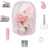 Christmas Gifts 7pcs Mini Stationary Kit with Compact Scissors Hole Punch Portable Stapler Mini School Supplies Kit Pink Stapler and Tape Dispenser Set for Students (Pink)