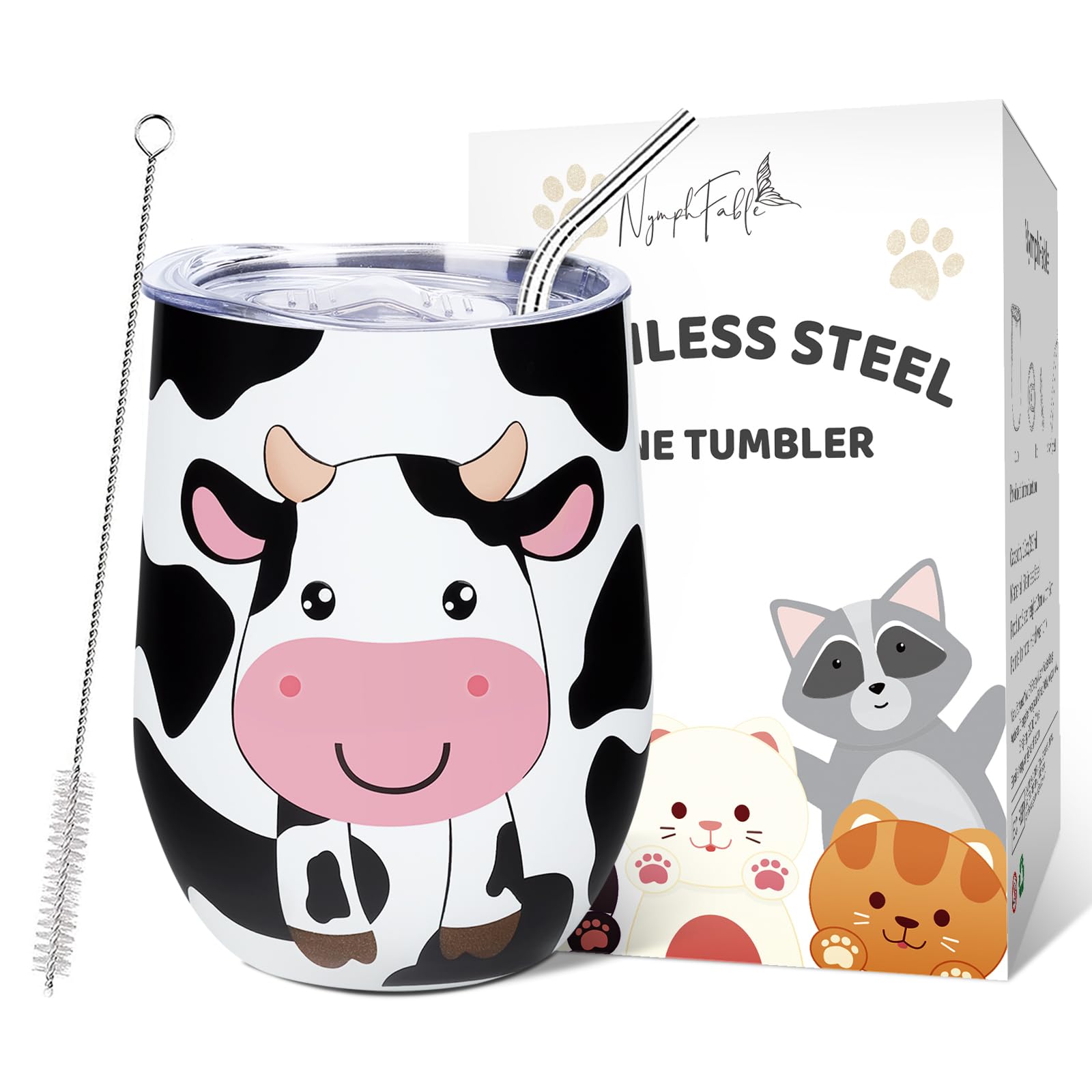 NymphFable 12oz Cute Cow Insulated Tumbler with Lid and Straw Stainless Steel Tumbler Stemless Glass Water Cup