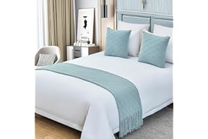 QQXX Cotton Knit Bed Runner,knitted Throw Blanket With Tassel,decorative Bedding Scarf Cover,solid Color Woven Sofa Throw Bed Runner For Hotel Home Double Single King Size Bed(2pc Pillowcase, Light blue)