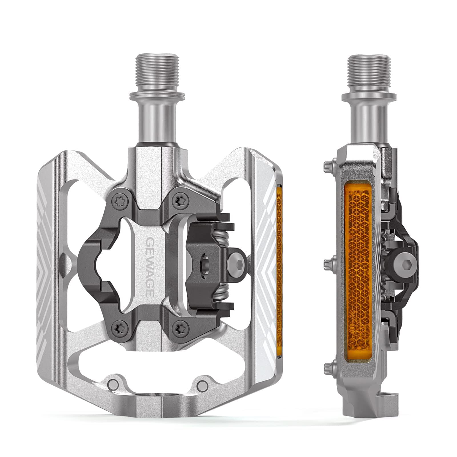 GEWAGE SPD Bike Pedals, 2 in 1 Dual Function Flat and SPD Pedals with Reflector, 9/16 Inch CrMo Axle for MTB Bikes, Road Bikes and E-Bikes (Sliver)