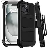 for iPhone 15 Case with Belt Clip Holster,Military Grade Anti-Drop Shockproof Defender Phone Cases w/2x Screen Protectors & Kickstand,2 Layers Rugged Heavy Duty Protective Bumper Cover (Black)