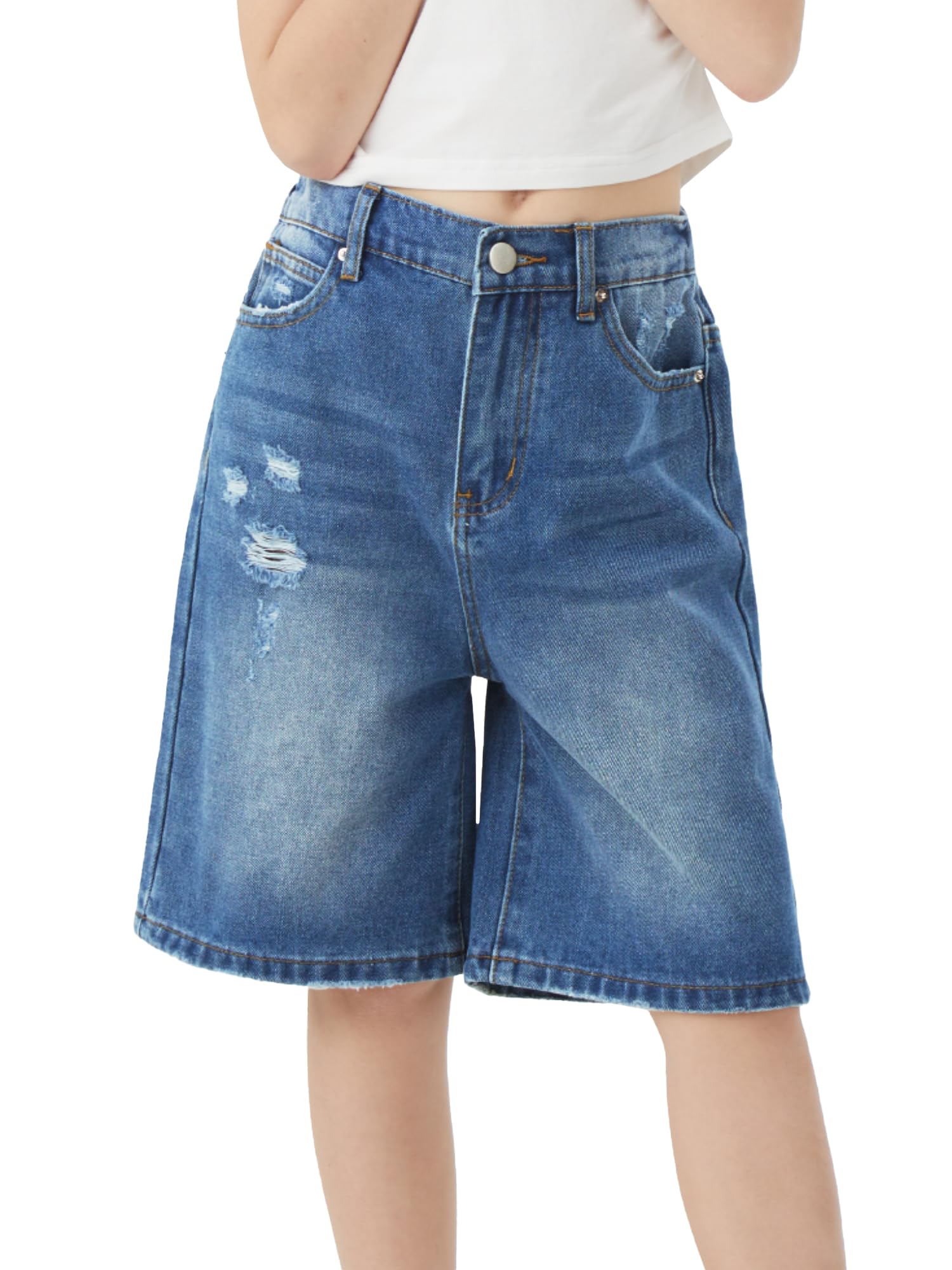 Photo 1 of Girls Denim Shorts Wide Leg Mid Rise Dancing Jorts with Pockets Cute Summer Pants for Tween Streetwear