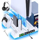 PS5/Slim/Pro Stand and Cooling Station with LED Controller Charging Station for PlayStation 5 Console, Controller Charger, Cooling Stand, PS5/Slim/Pro Skin Accessories Kit with 3 Level Cooler Fan