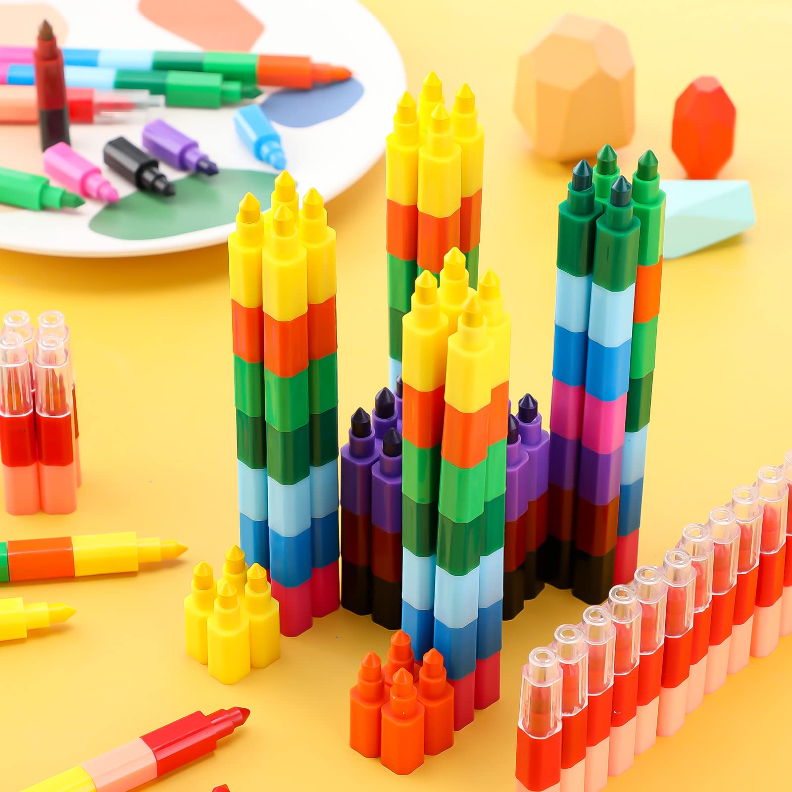 Marspark 20 Pcs Stackable Crayons Stacking Buildable Crayons Colorful Stackable Pencils Party Favors DIY Rainbow Pencil for School Office Birthday Party, 12 Colors(Vivid Color,Flat)