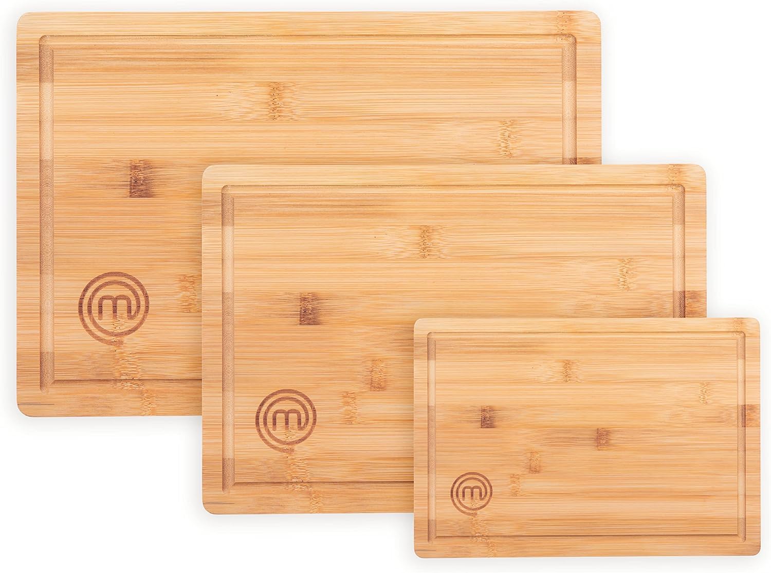 MasterChef Wooden Chopping Board Set of 3, Bamboo Cutting Boards for Kitchen, Reversible Wood Boards with Juice Grooves in Small, Medium & Large Sizes, 23cm x 15cm, 34cm x 23.5cm, 38cm x 27.5cm