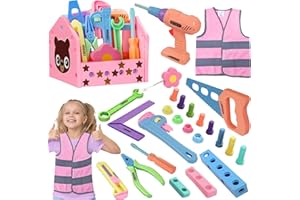 Gifts2U Toy Tool Set for Girls Pretend Play Toy with Play Drill Tool Box, Vest Costume and Toy Tape Measure, Pink Toy Tool Set Learning Tool Kit for Girls Toddlers Boys Age 3 4 5 6 Home Stem DIY Gifts