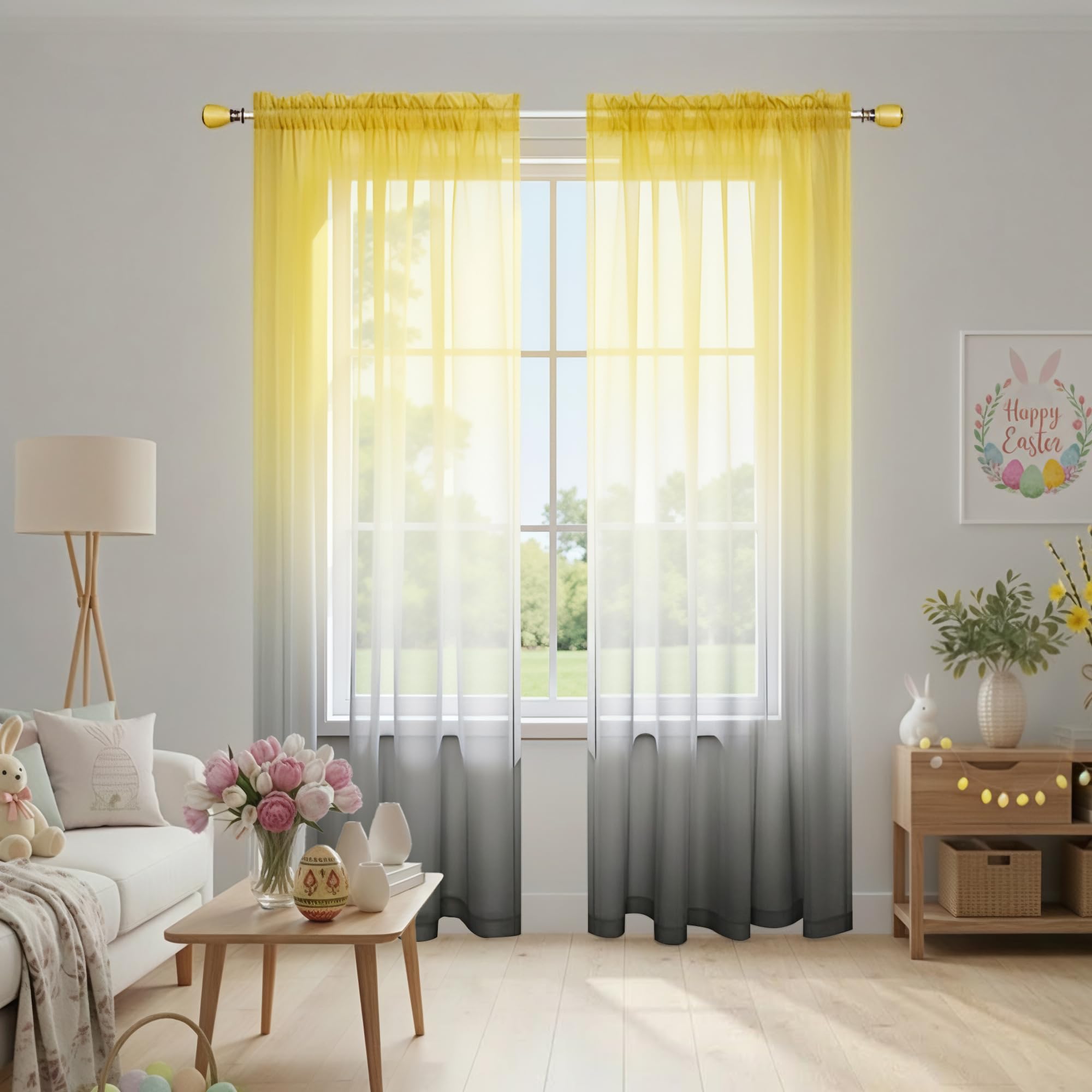 KOUFALL Yellow Sheer Curtains 84 Inch Length for Bedroom 2 Panels Set Reversible Semi Sheer Ombre Curtains for Living Room Lemon Yellow and Grey Gray