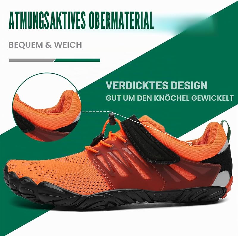 Barfußschuhe Herren Barfussschuhe Damen Barfuss Schuhe Zehenschuhe Outdoor Fitnessschuhe rutschfest Traillaufschuhe Barefoot Shoes mit Zero-Drop Solhe Dunkelorange, Gr.42 EU