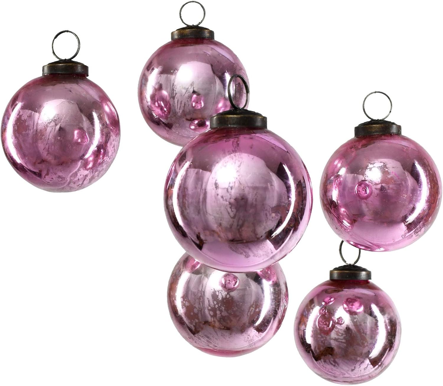 Serene Spaces Living Set of 6 Decorative Antique Rose Pink Mercury Glass Ball Ornament for Window Box, Ornaments for Holiday Décor, Measure 4" Tall and 3" Diameter
