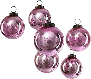 Serene Spaces Living Set of 6 Decorative Antique Rose Pink Mercury Glass Ball Ornament for Window Box, Ornaments for Holiday Décor, Measure 4" Tall and 3" Diameter