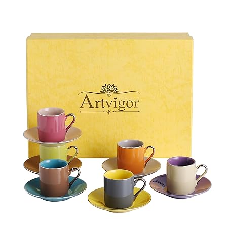 Artvigor, Porzellan Kaffeeservice, 12 TLG. Kaffeetassen Set, mit 6 Espressotassen 80 ml, 6 Untertassen, Mehrfarbig