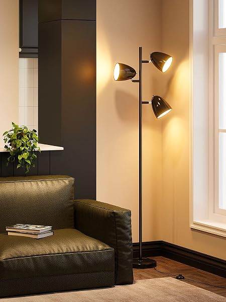 ADDLON TREE FLOOR LAMP WITH 3 ADJUSTABLE ROTATING LIGHTS AND MATCHING LED BULBS, STANDING TALL POLE LAMPS FOR LIVING ROOM, BEDROOM, HOME, OFFICE – BLACK