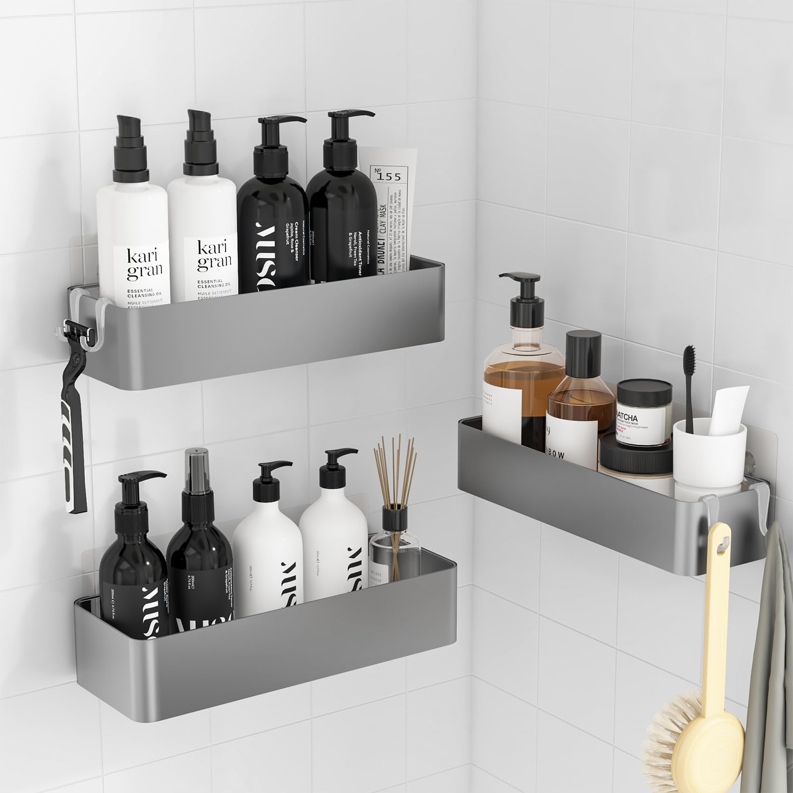 Kitsure 3 Pack Rustproof Shower Caddy - 2 Shelves, Drill-Free & Quick-Dry Shower Organizer, Rustproof Bathroom Shelves with 4 Hooks, Large, Silver