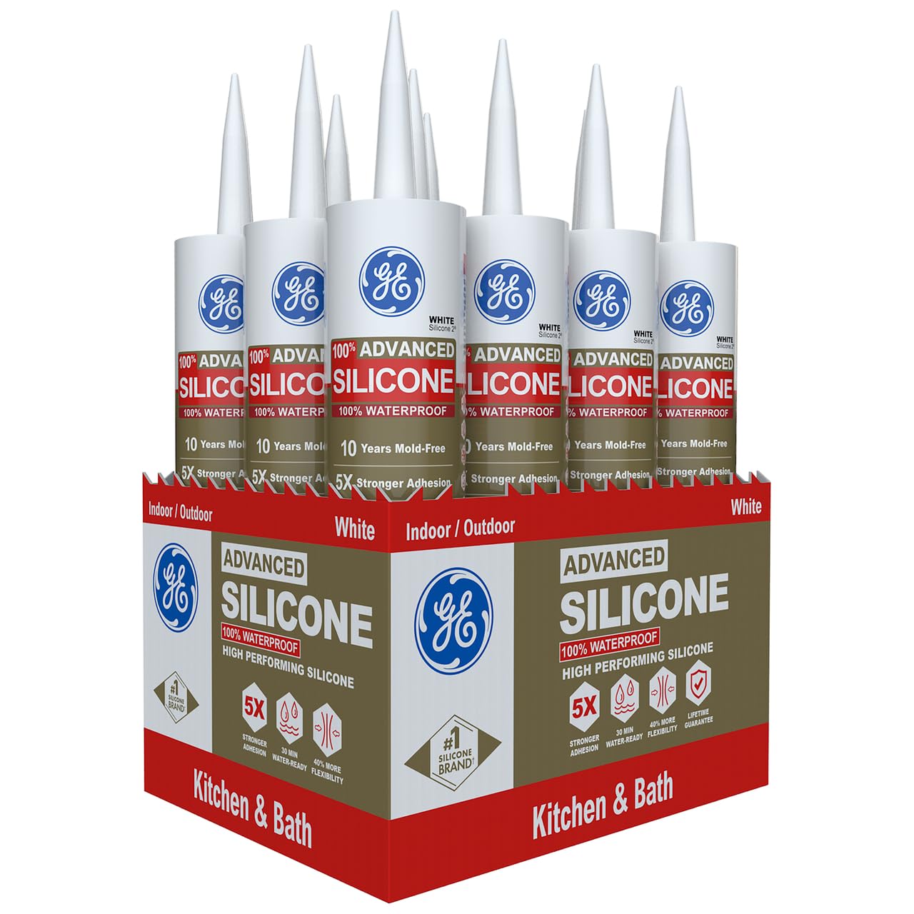 GE Advanced Silicone Caulk for Kitchen & Bathroom, White, 10 fl oz Cartridge, 12 Pack - 100% Waterproof Silicone Sealant, 5X Stronger Adhesion, Shrink & Crack Proof Image