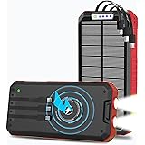 Solar Charger Power Bank, Qi Wireless Solar Power Bank, Fast Charge Solar Phone Charger with 3 Cables & LED Flashlights, Wate