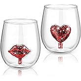 Remerry 2 Pcs Valentine's Day Wine Glasses 12oz Valentine Stemless Wine Glasses with 3D Glitter Red Heart Lips Figurines Inside Icon Glass Cups Drinkware Gifts for Galentine Day Bar Holiday Supplies