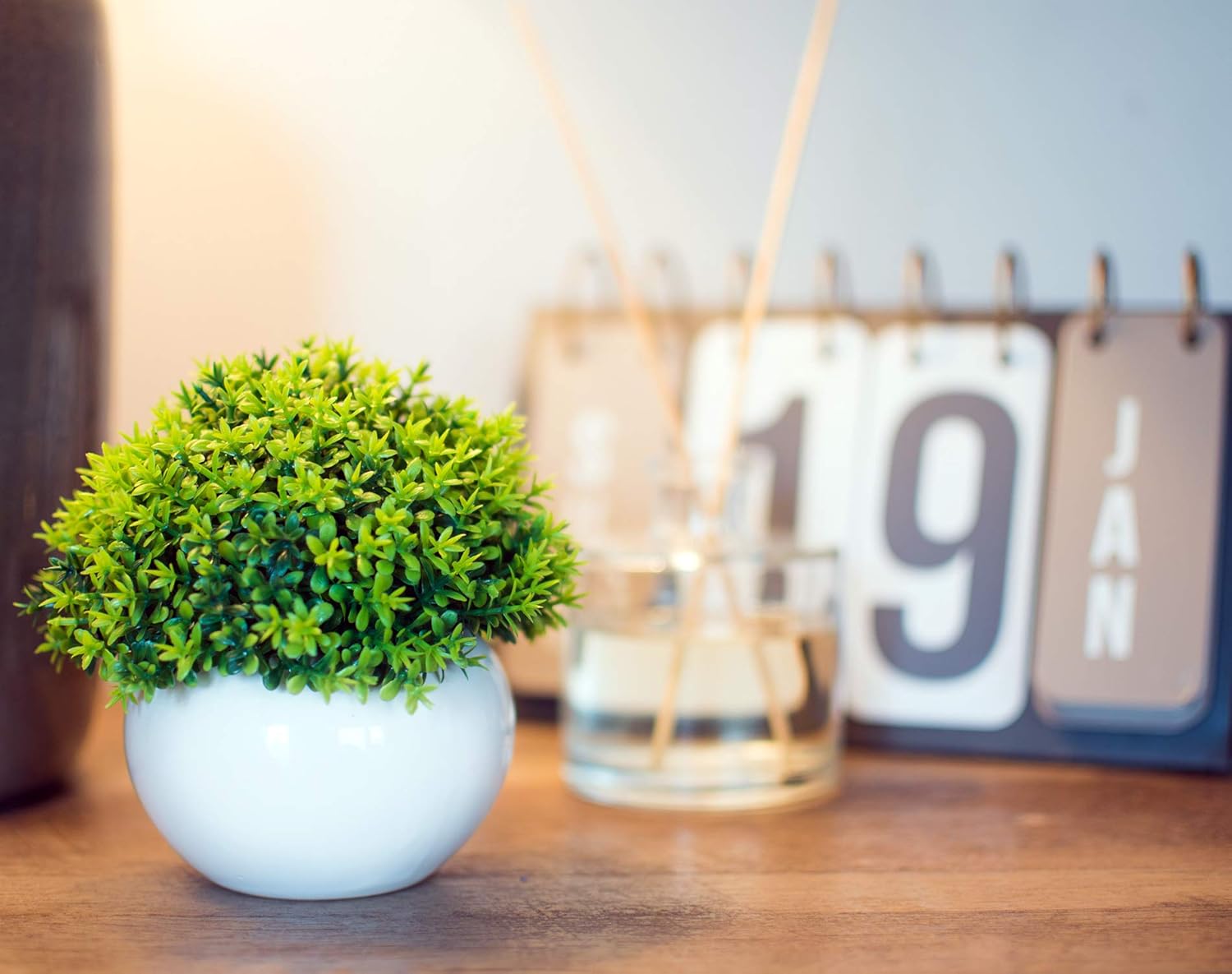 Mini Artificial Plant (5") in White Ceramic Pot | Decorative Faux Plant for Home/Office Decor | Small Potted Topiary | Farmhouse Decor Accent | Desk/Kitchen/Bathroom/Shelf Fake Plant (Green 3) -