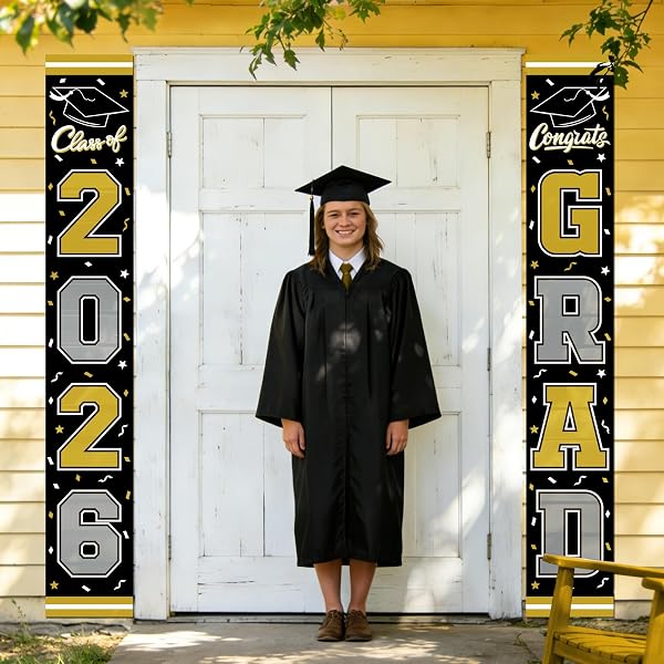 2026 GRADUATION DECORATIONS,CONGRATS GRAD BANNER BACKDROP FOR CLASS OF 2026 DECORATIONS- BLACK AND GOLD GRADUATION PARTY DECORATIONS