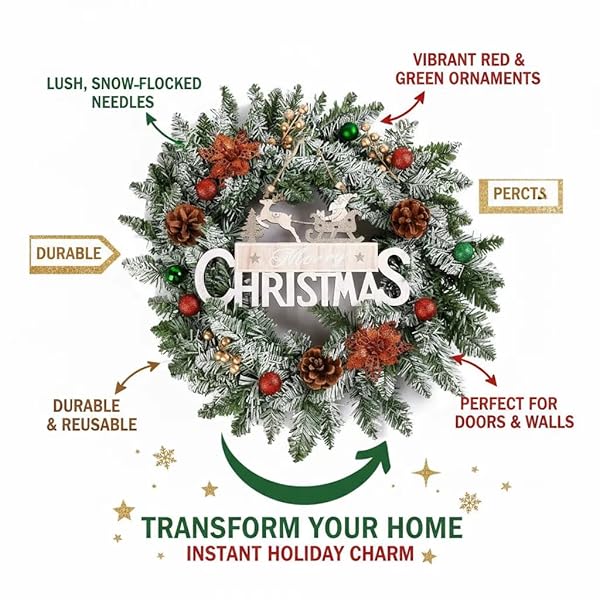 20 INCH CHRISTMAS WREATH FOR FRONT DOOR, CHRISTMAS DECORATION WITH FROSTED BRANCHES PINE CONES FLOWERS BALL ORNAMENTS FOR WALL,INDOOR,OUTDOOR,FARMHOUSE FESTIVAL HOME DECOR
