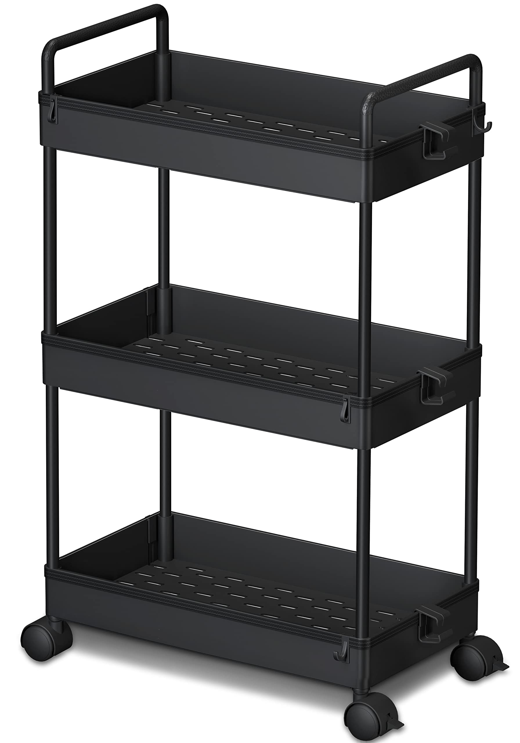 Photo 1 of Ronlap 3 Tier Slim Rolling Storage Cart with Wheels Plastic Utility Cart Organizer for Snack Craft Art Postpartum Baby Diaper Nail Makeup in Bathroom Laundry Room Kitchen Bedside Narrow Space, Black
