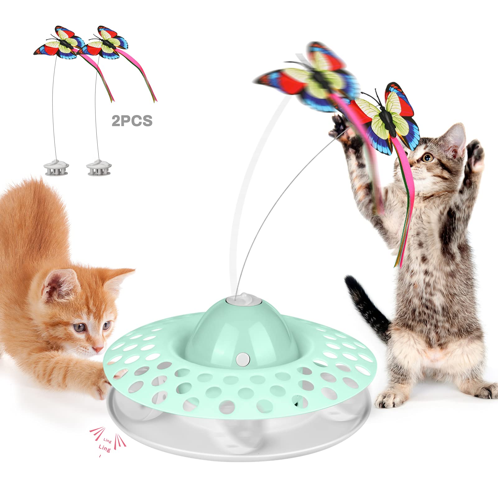 BestFire Cat Tease Toy Butterfly Interactive Toys for Cats Electric Rotating Butterfly Cat Toy Automatic Kitten Ringing Track Ball Toy for Indoor With Luminous Wings, 2 Butterflies Included