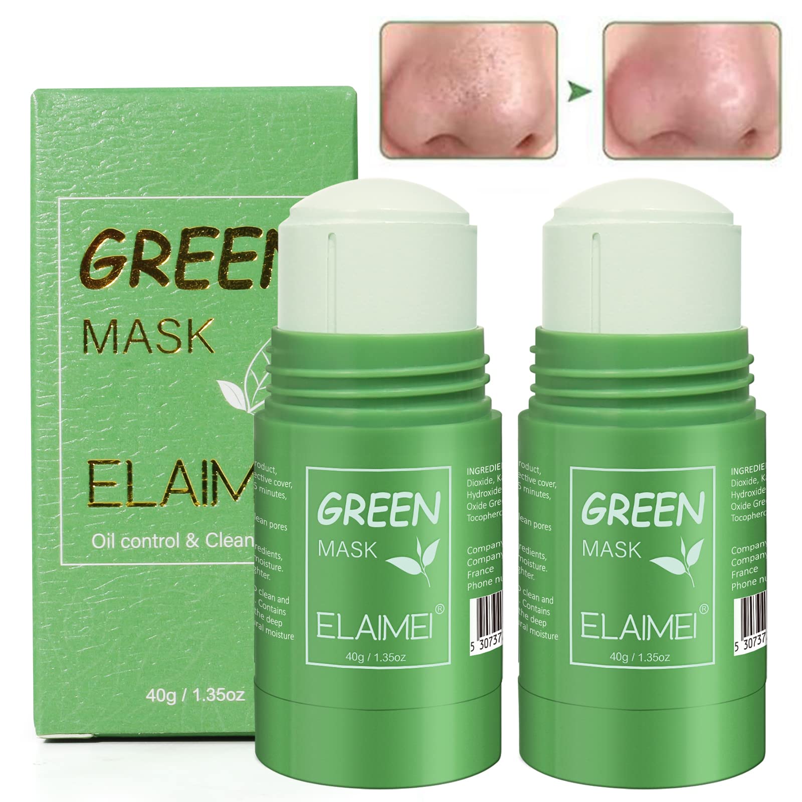 2PCS Green Tea Mask Stick for Face - Cleansing Purifying Clay Mask, Reduce Blackhead & Acne, Moisturizing, Oil Control, Deep Clean Pore, Improves Skin, for All Kind Skin Type Women Men