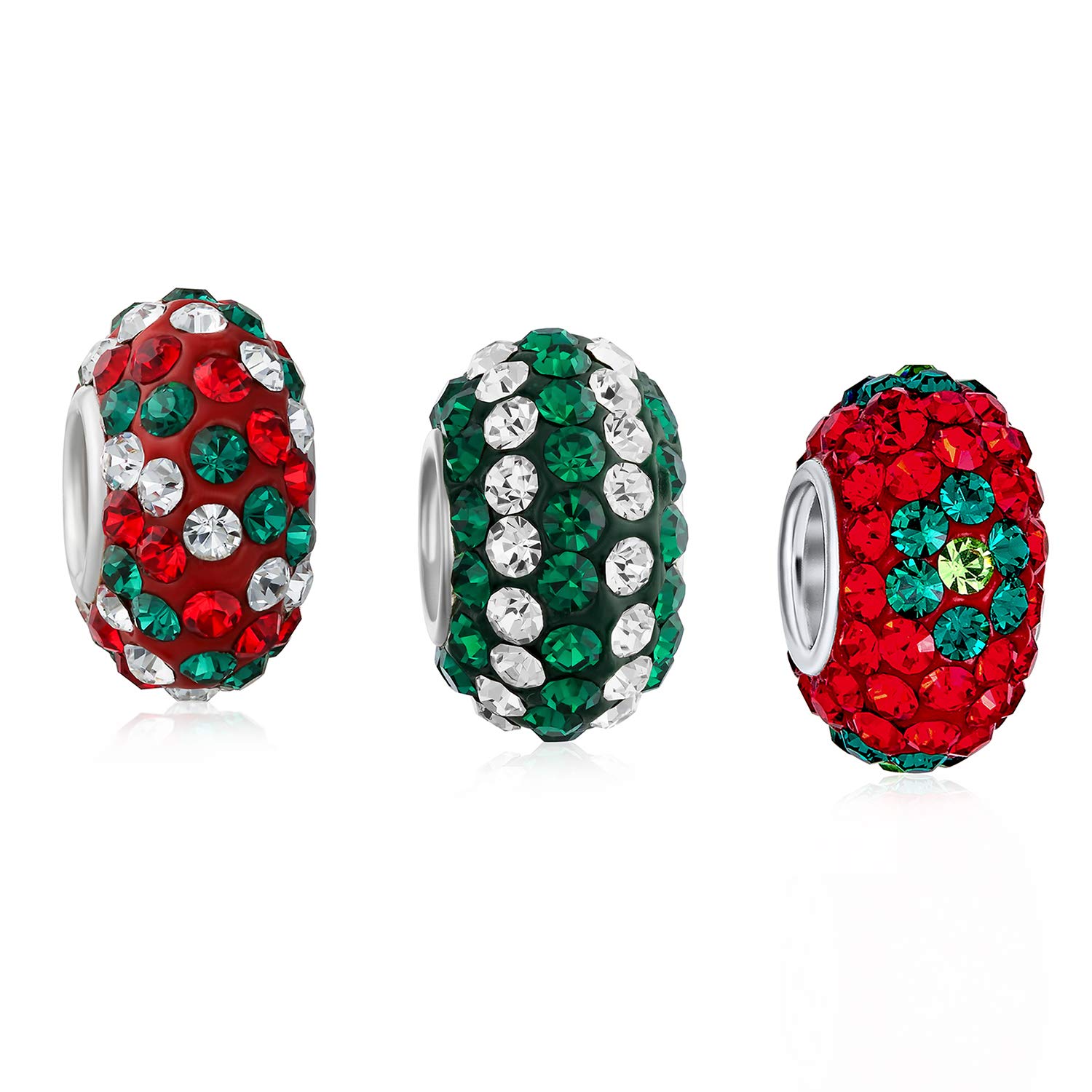 Bling Jewelry Christmas Holiday Red Green Flower Stripe Crystal Mix Bundle Set Of Three .925 Sterling Silver Dangle Charm Bead Fits European Charm Bracelet For Women Teens