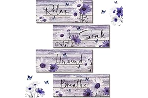 ZINYAZHE 4 Pcs Farmhouse Bathroom Wall Decor Purple Daisy Floral Flowers and Butterfly Purple Bathroom Wall Art Relax Soak Unwind Breathe Rustic Wood Plaque for Home Spa Laundry (Purple,10 x 4 Inch)