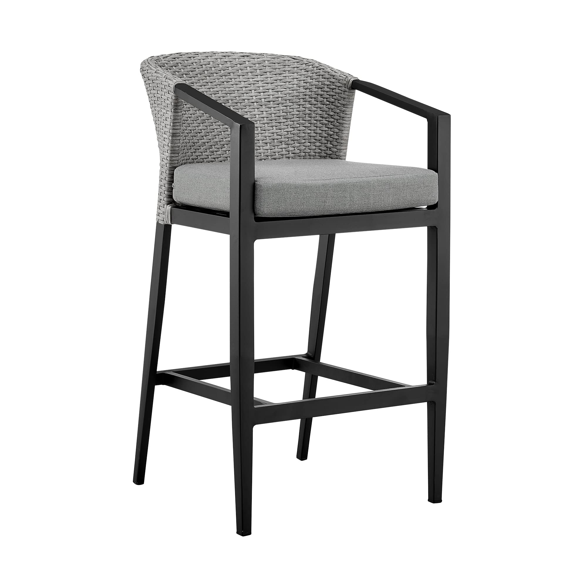 Photo 1 of Armen Living Aileen Modern Indoor Outdoor Patio Counter Chair Bar Stool in Black Aluminum Metal with Gray Wicker and Cushions, 26" Seat Height