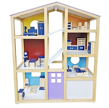 Kutae Wooden Multi Storey Open Sided Dollhouse with 29 Pcs Furniture with Stairs. A Multicolor 7 Room Toy for Your Kid. Size 36 H x30 W x12 L Inches.