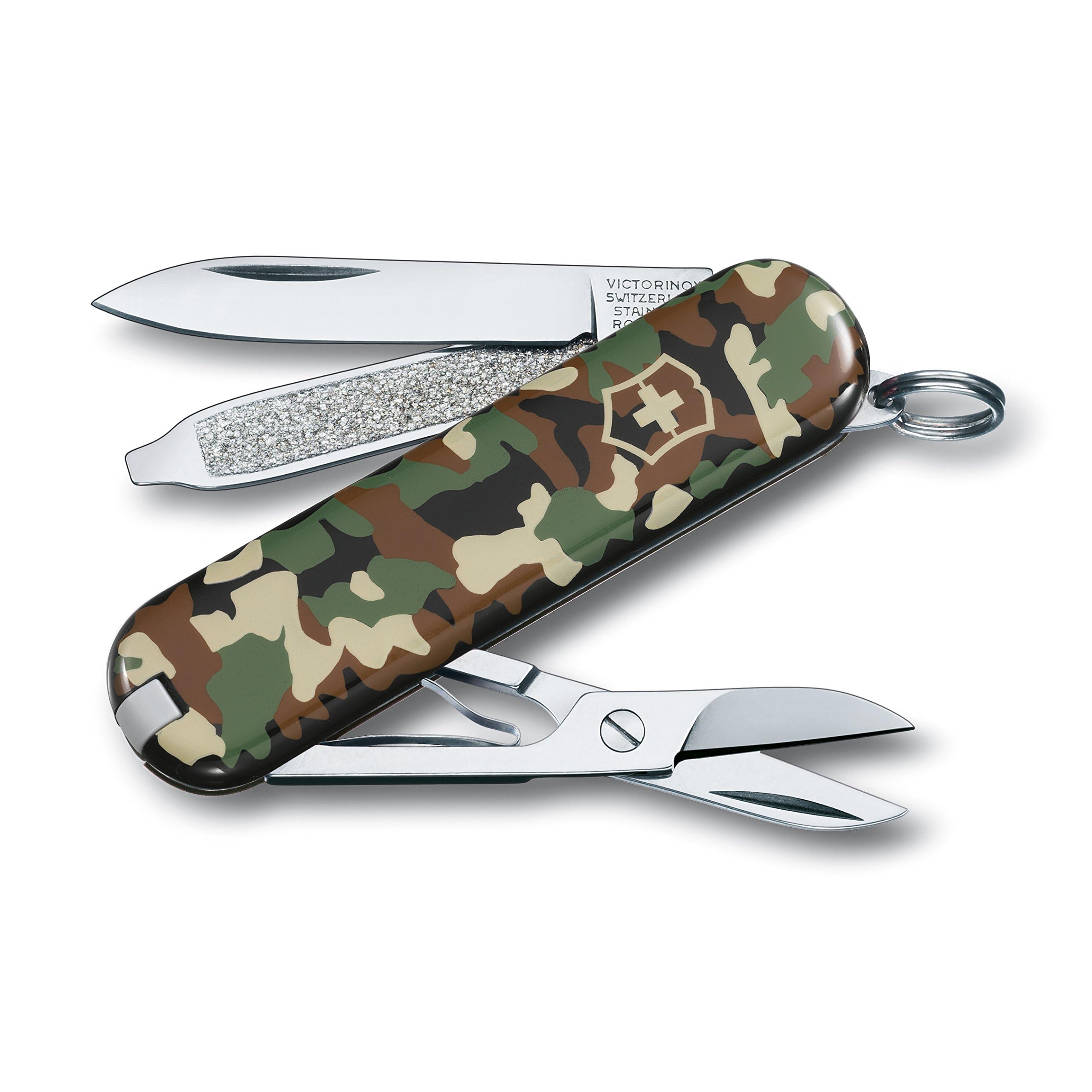 Victorinox Classic SD Mini Swiss Army Knife, Camping Pocket Knives, 7 Functions, Blade, Keyring, Camouflage