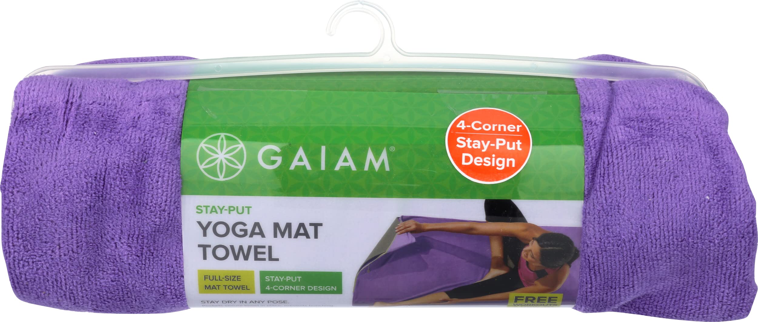 Gaiam Stay Put Yoga Towel Mat Size Yoga Mat Towel (Fits Over Standard Size Yoga Mat - 68" L x 24" W), Purple