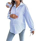 MakeMeChic Women's Maternity Blouse Spring Striped Long Sleeve Pregnancy Button Down Shirts