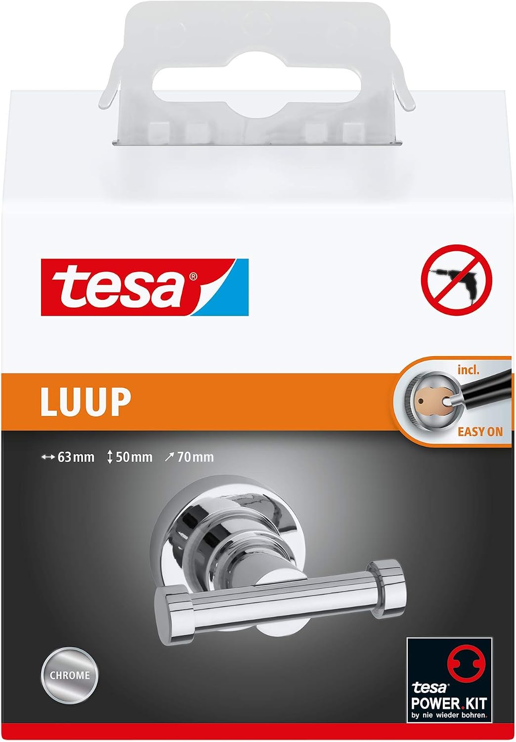 tesa LUUP Double Hook, Chromed Metal, self-Adhesive, Adhesive mounting Technology, 50mm x 63mm x 70mm, Silver - Image 3