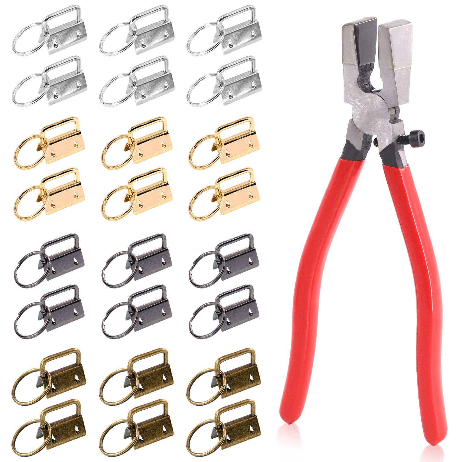 Rustark 40 Pcs 4 Colors Keyfob Hardware Set and Key Fob Pliers, Glass Running Pliers Tools with Jaws, 1" 25mm Key Fob Key Chain Wristlet with Split Ring for Key Lanyard and Key Chain Making