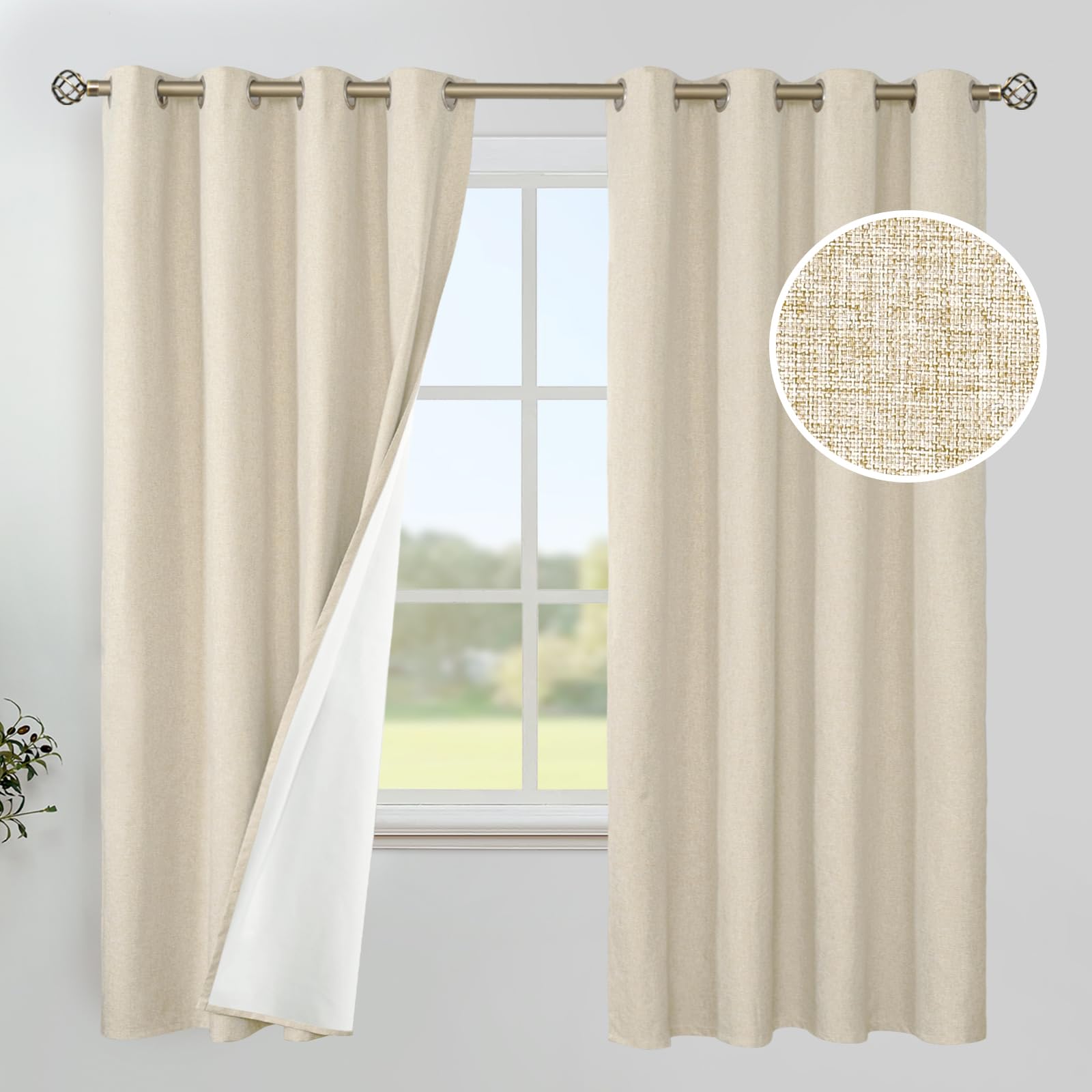 Photo 1 of YoungsTex Beige Linen Blackout Curtains 63 Inch Length for Bedroom, Thermal Insulated Drapes with Grommet Room Darkening Keep Cold Out for Winter Living Room, 2 Panels, 52 X 63 Inch