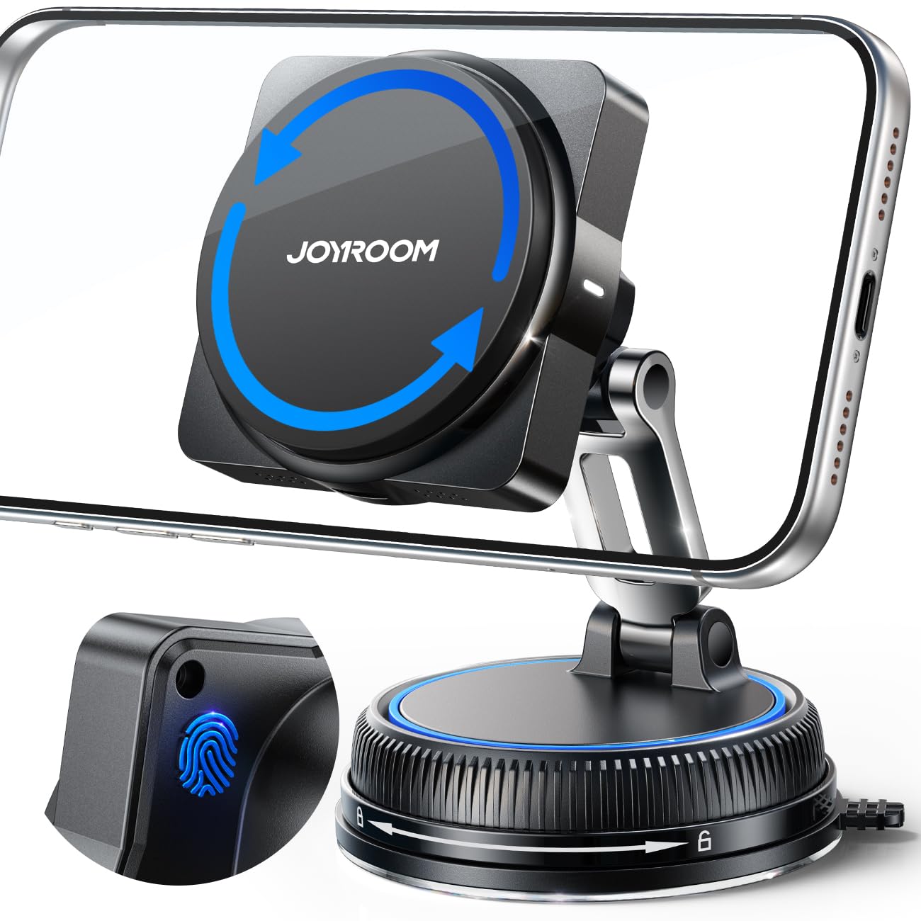 JOYROOM for MagSafe Car Mount Charger, [Smart Fingerprint-Touch Rotation] 15W MagSafe Wireless Car Charger[Vacuum & Gel 360° Base] Air Vent Dashboard Set for iPhone 17 16 15 14 13 12 Series, Blue2
