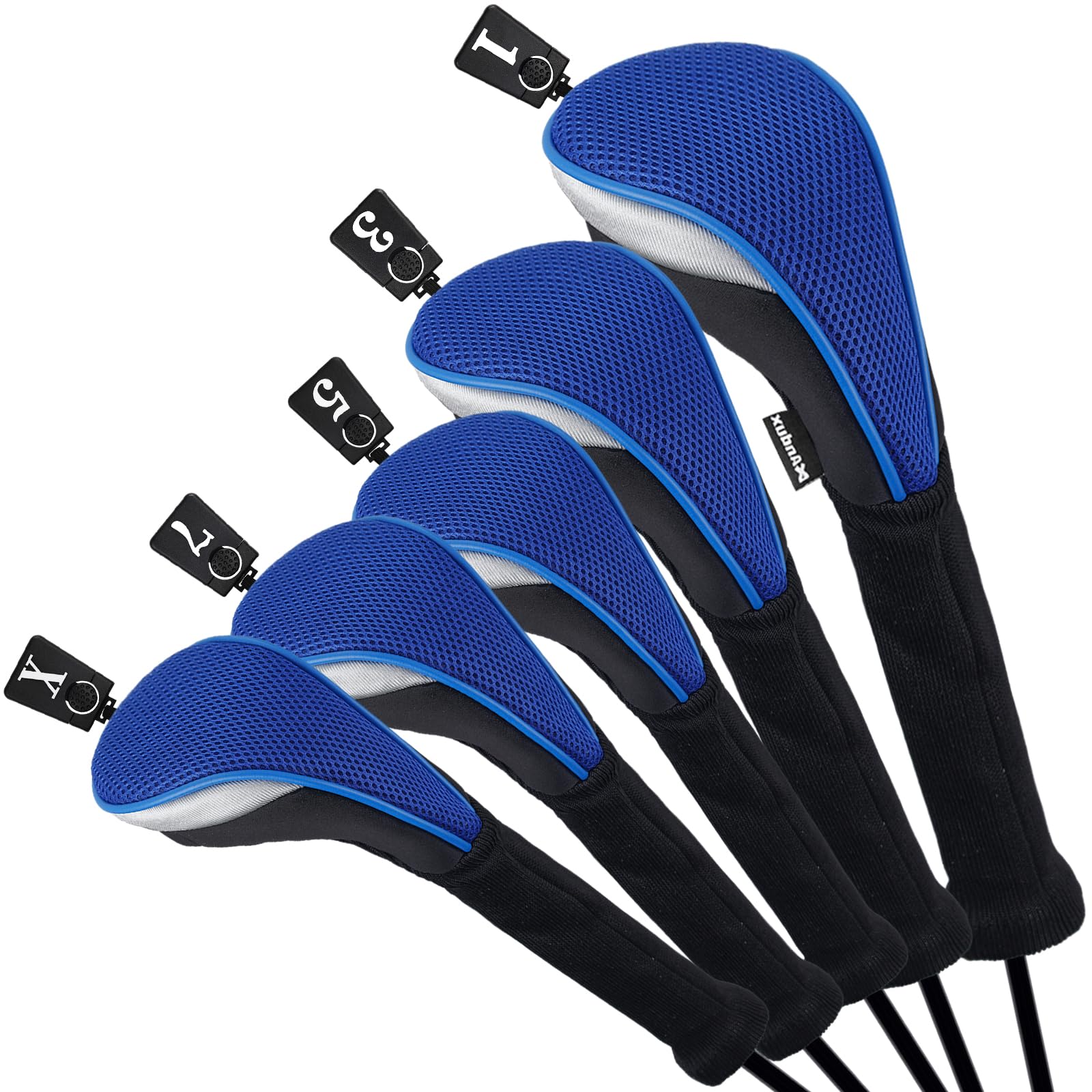 Andux Golf Fairway Wood Club Head Covers 460cc Driver Extra Long Neck 5pcs/Set Black/Blue