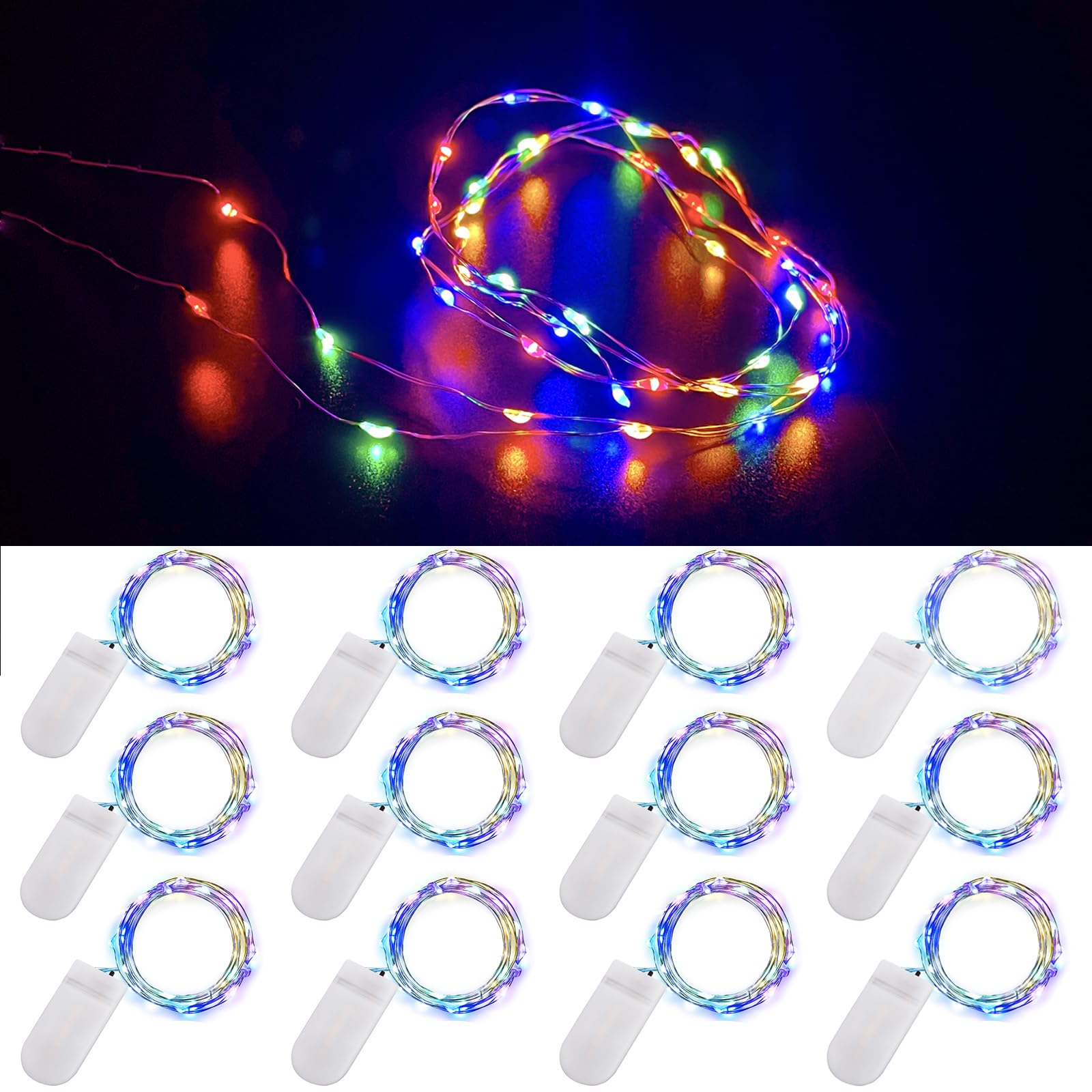 [12 Pack]Ooklee® Fairy Bottle Lights Battery Operated, 2m 20 LED Copper Wire String Light, Rainbow Twinkle Starry Lighting for Table Party Wedding Indoor Jar Garden Christmas Decorations(Multi Colour)