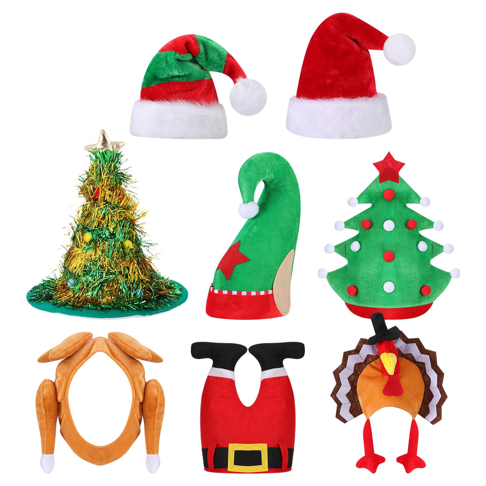 Zomiboo 8 Pcs Christmas Headwear for Adults Funny Xmas Hats Santa Tree Elf Turkey Hilarious Holiday Costume Novelty Hats for Festive Funny Dress Headwear for Thanksgiving or Xmas