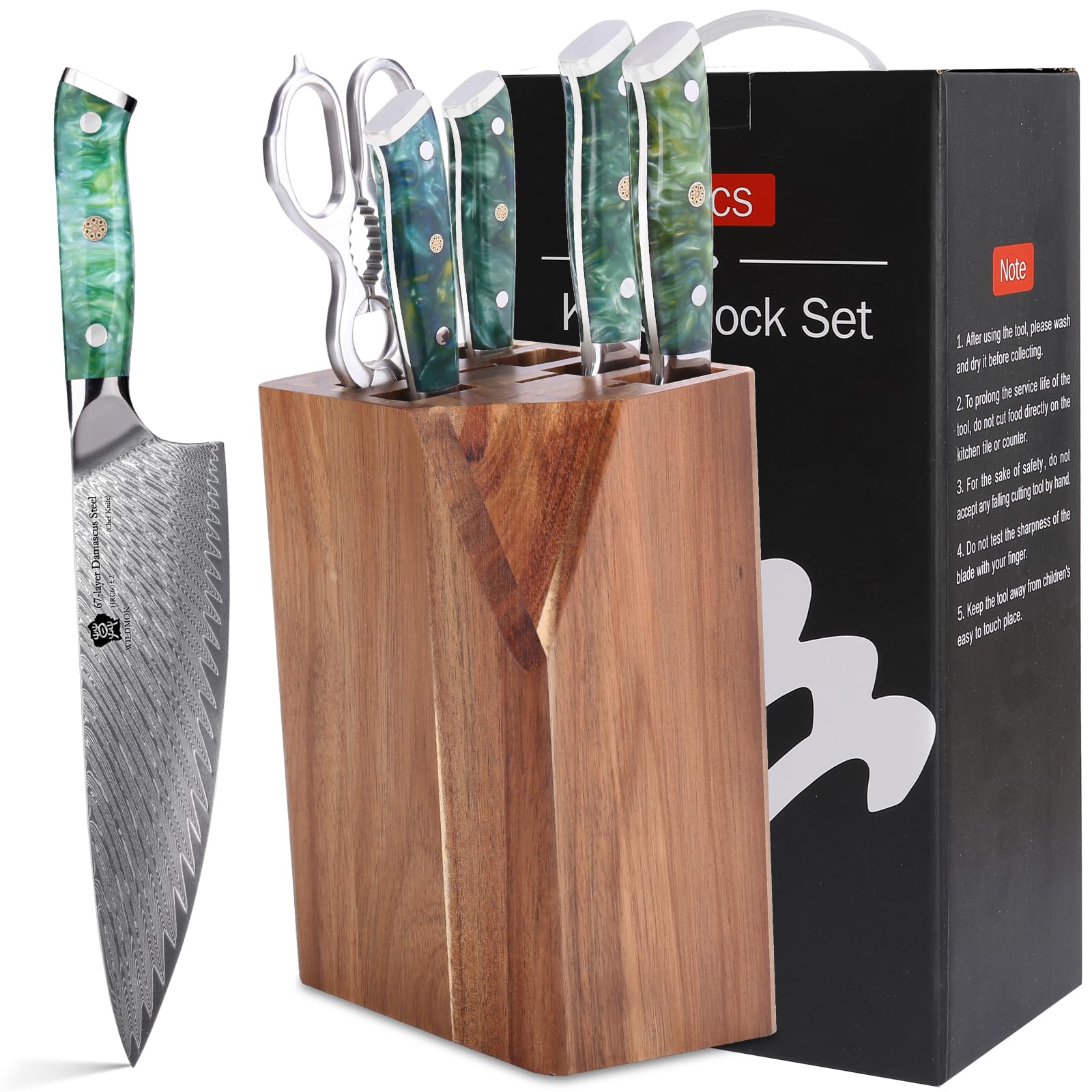 Photo 1 of WILDMOK Damascus Kitchen Knife with Block 7pcs Premium Kitchen Knives Set with Resin Handle Professional Ultra Sharp Chef Knives Set with Gift Box