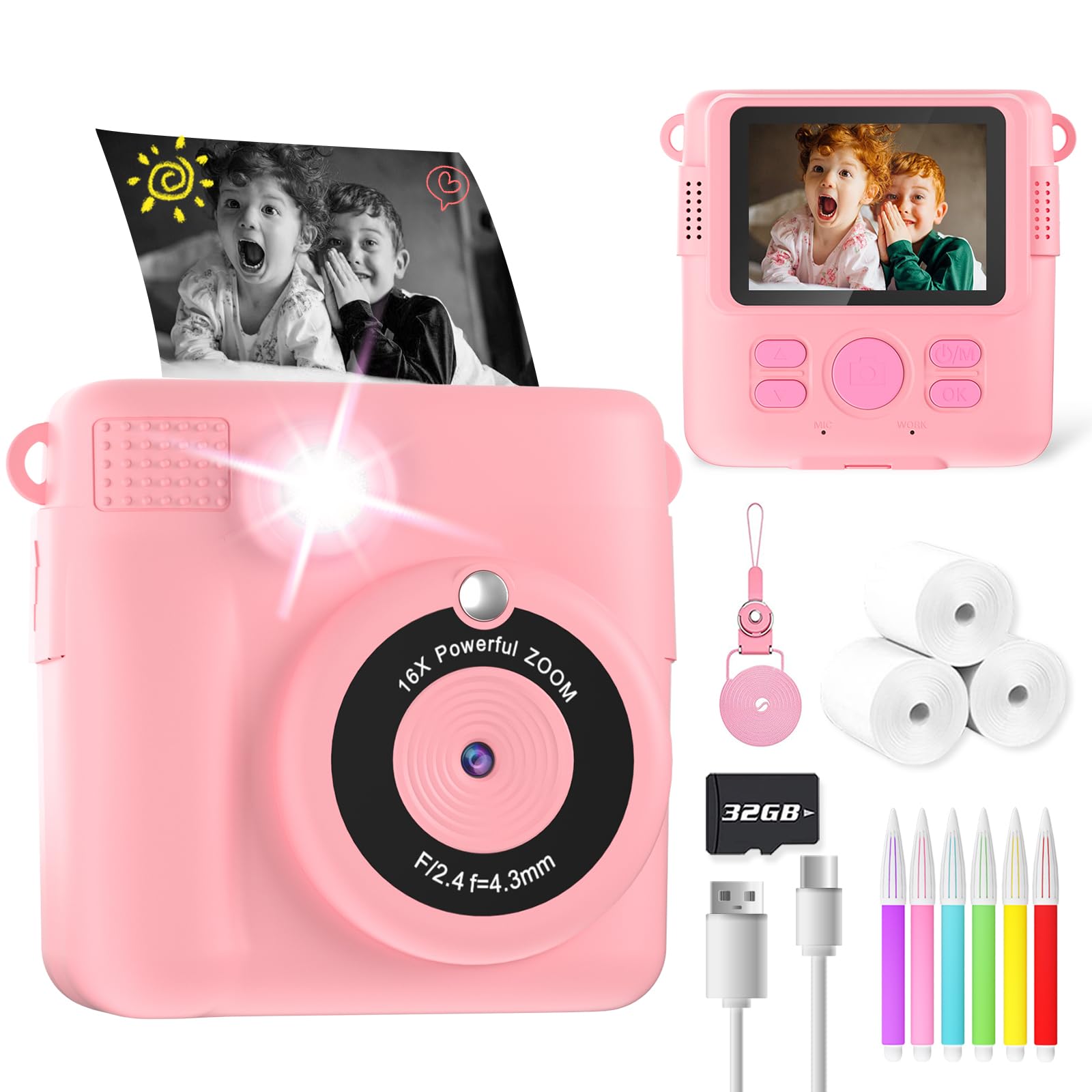 YORKOO Kids Instant Camera with Photo Paper, 1080P HD Digital Camera for Girls, Creative Gift for Children Age 4-10, Video Recorder, 32GB SD Card - Pink